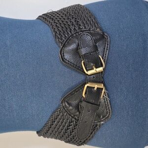 Vintage Black Leatherette Wide Basket Weave Adjustable Buckle Belt